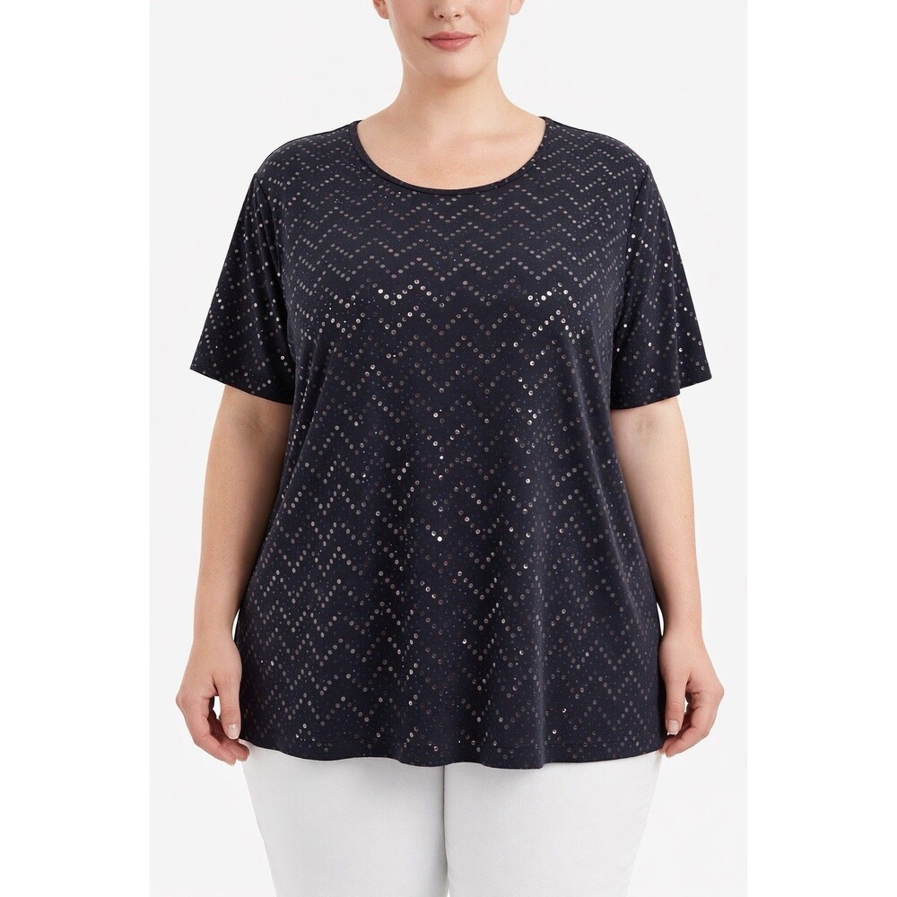 BonWorth‎ Women's XL Petite Black Polka Dot Top Short Sleeve Stretch Blouse